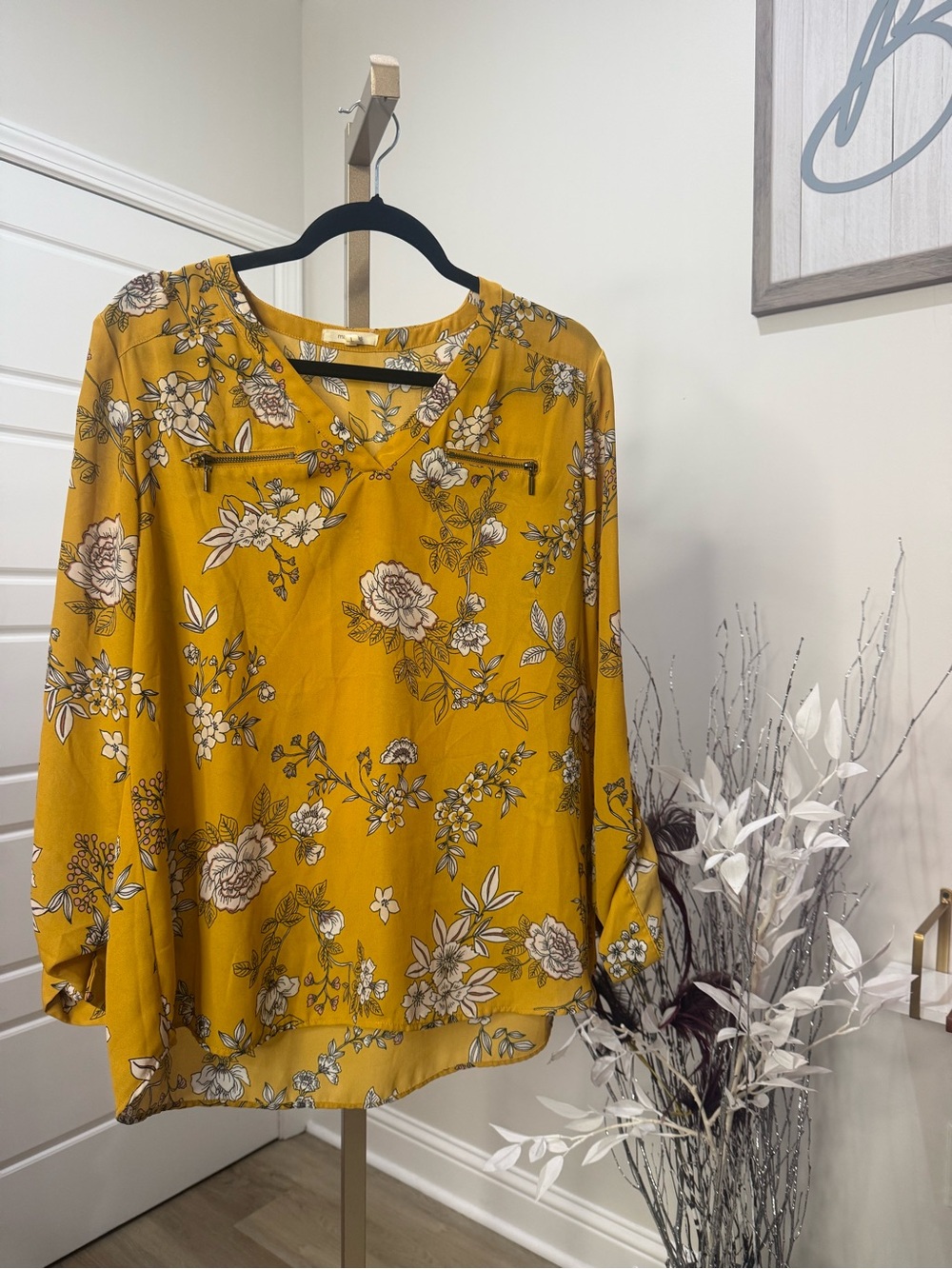 Maurices Mustard Yellow Floral V-Neck Blouse with Zip Accents - Picture 2 of 4